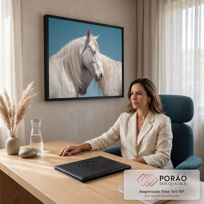 Quadro Decorativo Grande Cavalos Brancos se para Sala Azul | quadros decorativos | dois cavalos brancos encostando as cabeças, crinas ao vento, fundo céu azul | em ambiente 2 | Porao dos Quadros