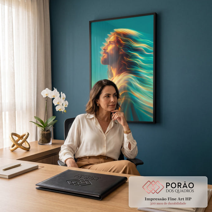 Quadro Decorativo Grande Homem de Perfil para Sala Dourado | quadros decorativos para sala | homem barbado de perfil com cabelo transformado em luz dourada e turquesa | em Quadros para Sala | Porao dos Quadros