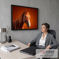 Retrato da cabeça de um cavalo castanho com crina ruiva e listra branca sobre fundo laranja, quadro decorativo