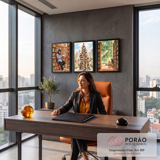 Quadro Decorativo Kit 3 Telas Livros e Leitura para Sala | quadros decorativos | pessoas lendo em meio a livros empilhados e estantes, estilo aquarela em tons terrosos | em ambiente 2 | Porao dos Quadros