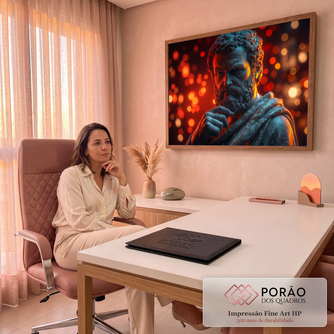 Busto de mármore de filósofo grego barbudo com a mão no queixo e luzes bokeh vermelhas, quadro decorativo