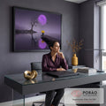 Quadro Decorativo Grande Lua Roxa para Sala Roxo | quadros decorativos | pessoa com guarda-chuva amarelo no píer sob lua roxa gigante | em ambiente 2 | Porao dos Quadros