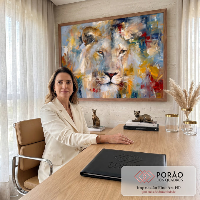 Quadro Decorativo Grande Leão Expressionista para Sala Azul | quadros decorativos | rosto de leão em pinceladas expressionistas coloridas sobre fundo abstrato azul e dourado | em ambiente 2 | Porao dos Quadros