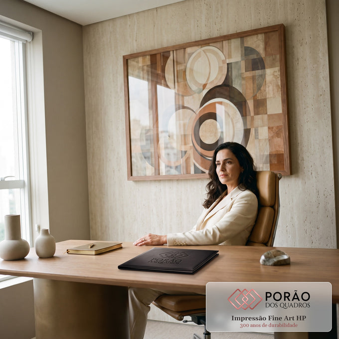Quadro Decorativo Grande Círculos Geométricos para Sala | quadros decorativos | círculos sobrepostos em tons terracota, bege e cinza sobre fundo de faixas retas | em ambiente 2 | Porao dos Quadros
