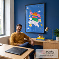 Quadro Decorativo Grande Homem e Cachorro para Quarto Azul | quadros decorativos | homem de gorro azul pulando ao lado de cachorro branco entre estrelas no céu azul | em ambiente 2 | Porao dos Quadros