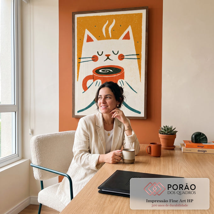 Quadro Decorativo Gato Branco Tomando Café em Fundo Laranja | quadros decorativos | gato branco fofo segurando caneca laranja de café fumegante em fundo laranja | em Quadros para Area Gourmet | Porao dos Quadros
