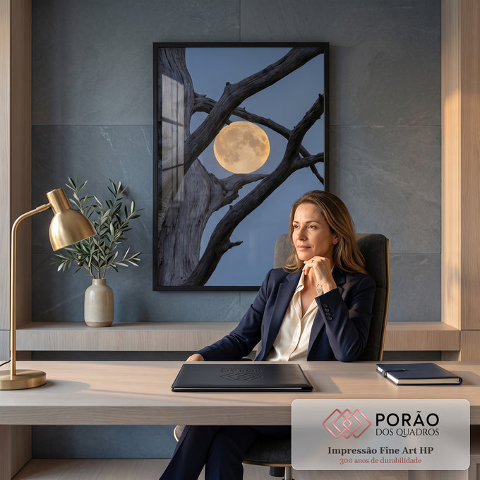 Lua cheia dourada entre galhos de tronco seco retorcido contra céu azul do crepúsculo, quadro decorativo