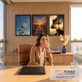 Quadro Decorativo Kit 3 Telas Girassol Píer para Sala | quadros decorativos | girassol, píer de madeira ao pôr do sol e perfil de homem com coroa de espinhos e cruz | em ambiente 2 | Porao dos Quadros