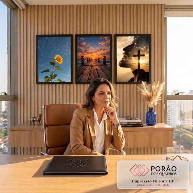 Quadro Decorativo Kit 3 Telas Girassol Píer para Sala | quadros decorativos | girassol, píer de madeira ao pôr do sol e perfil de homem com coroa de espinhos e cruz | em ambiente 2 | Porao dos Quadros