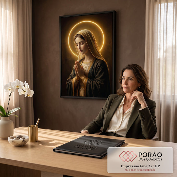 Quadro Decorativo Grande Nossa Senhora Sacro para Sala | quadros decorativos | Nossa Senhora em oração com véu bege, manto azul e halo dourado sobre fundo escuro | em ambiente 2 | Porao dos Quadros