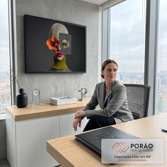Mulher surreal com flor laranja no olho, batom vermelho e recorte pied-de-poule em fundo cinza, quadro decorativo