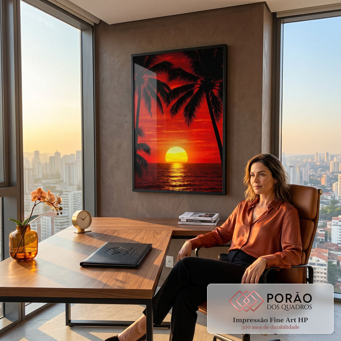Quadro Decorativo Grande Pôr do Palmeiras para Sala Vermelho | quadros decorativos | pôr do sol vermelho e laranja entre silhuetas de palmeiras tropicais à beira-mar | em ambiente 2 | Porao dos Quadros