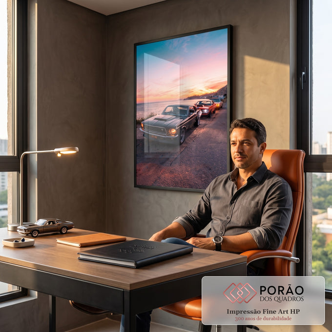 Mustang clássico preto e carros antigos em estrada litorânea ao pôr do sol rosa e laranja, quadro decorativo