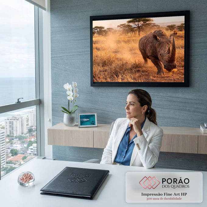 Rinoceronte avançando entre poeira dourada na savana africana, com leão ao fundo e acácias, quadro decorativo