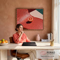 Quadro Decorativo Toranja Sobre Espreguiçadeira Coral | quadros decorativos | toranja cortada ao meio sobre espreguiçadeira coral com piscina ao fundo | em Quadros para Area Gourmet | Porao dos Quadros