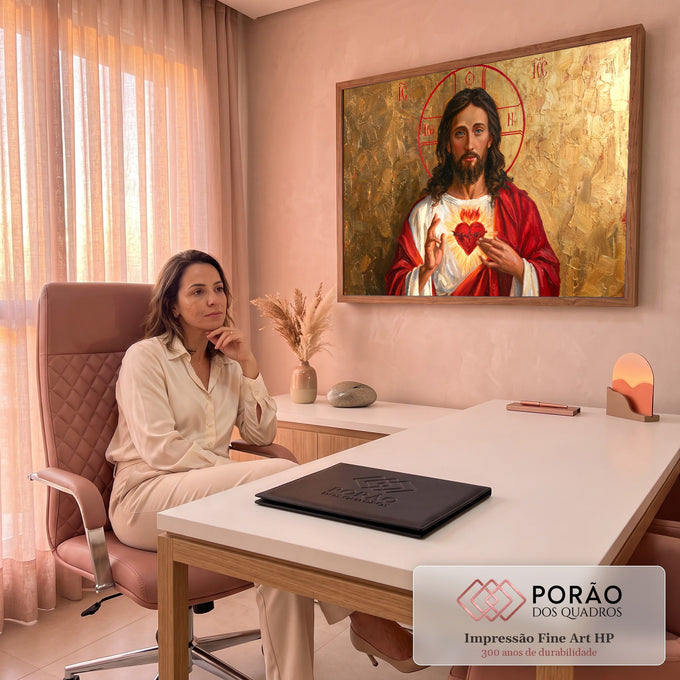 Jesus com Sagrado Coração em chamas, manto vermelho e auréola sobre fundo dourado, quadro decorativo