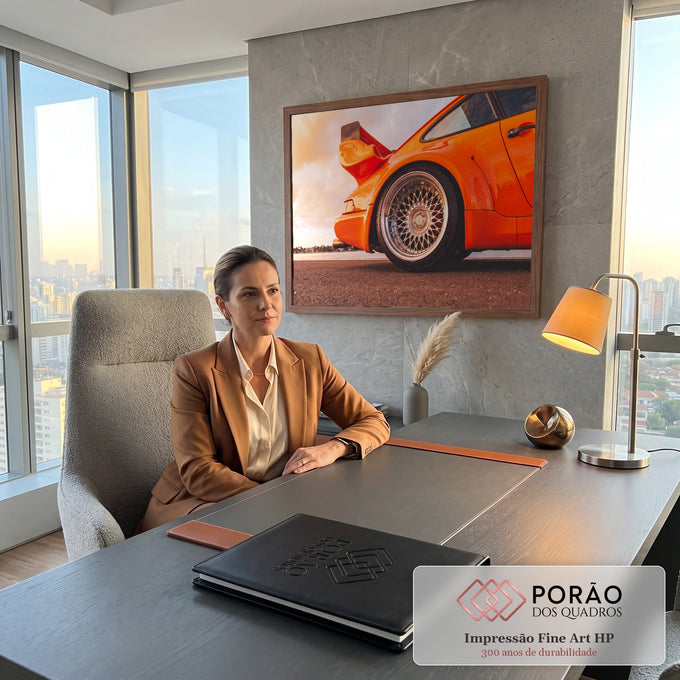 Traseira de carro esportivo laranja com roda cromada raiada e aerofólio ao pôr do sol, quadro decorativo