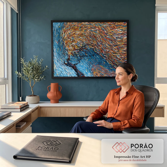 Quadro Decorativo Árvore em Turbilhão Azul e Dourado | quadros decorativos | árvore preta em meio a turbilhão de linhas azuis e douradas | em Quadros para Escritorio | Porao dos Quadros