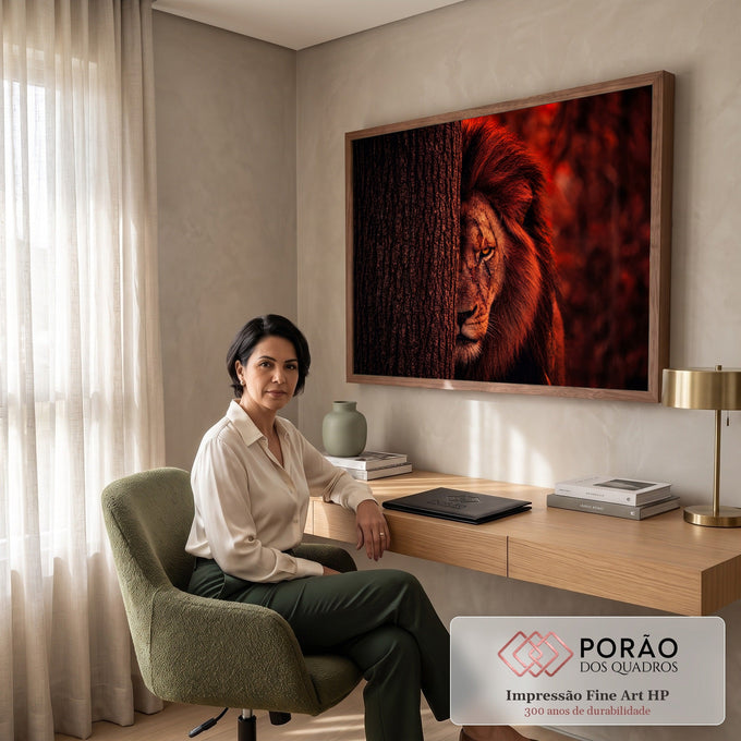 Quadro Decorativo Grande Leão Espreitando para Sala Vermelho | quadros decorativos | leão com cicatrizes espreitando atrás de árvore em tons vermelhos intensos | em ambiente 2 | Porao dos Quadros