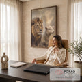 Quadro Decorativo Grande Leão e Cordeiro para Sala Bege | quadros decorativos | leão de juba dourada ao lado de cordeiro branco olhando para o mesmo horizonte | em ambiente 2 | Porao dos Quadros