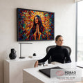 Nossa Senhora em oração com mãos unidas e auréola em mosaico colorido estilo vitral, quadro decorativo