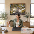 Quadro Decorativo Grande Árvore com Raízes Verde para Sala | quadros decorativos | árvore de grande porte com raízes expostas e sol brilhando entre os galhos | em ambiente 2 | Porao dos Quadros