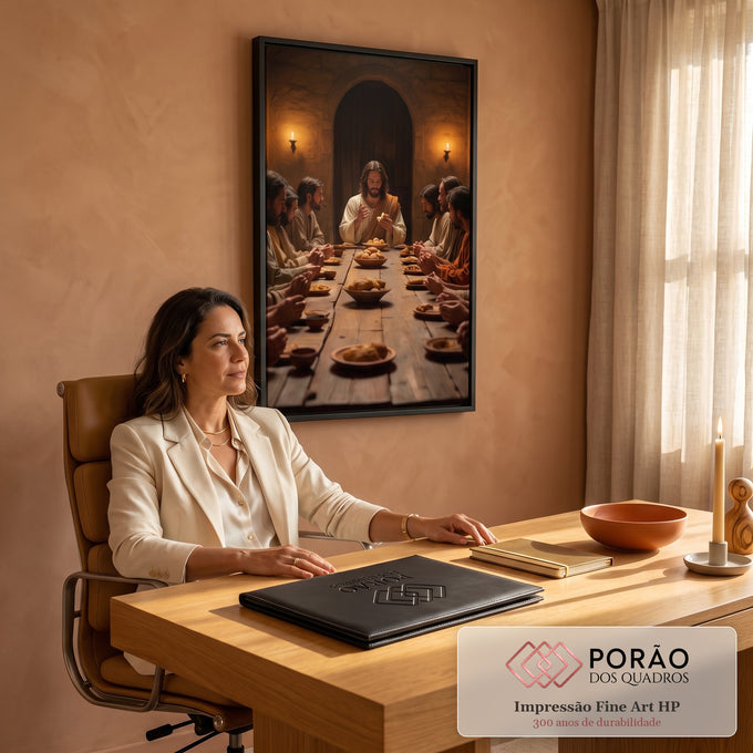 Quadro Decorativo Grande Última Ceia Jesus para Sala | quadros decorativos | Jesus partindo o pão à mesa cercado por apóstolos em oração, tons terrosos | em ambiente 2 | Porao dos Quadros