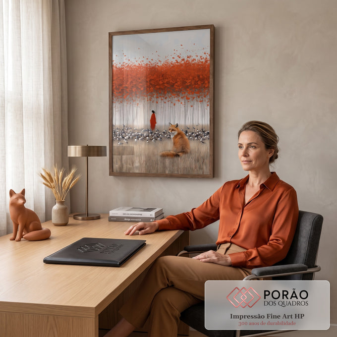 Quadro Decorativo Grande Raposa e Figura para Sala Laranja | quadros decorativos | raposa laranja e figura de manto vermelho em campo com pássaros sob flores vermelhas | em ambiente 2 | Porao dos Quadros