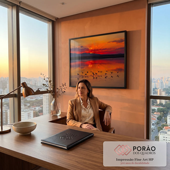 Quadro Decorativo Grande Flamingos Alçando para Sala Laranja | quadros decorativos | flamingos em silhueta alçando voo sobre lago durante pôr do sol vermelho e laranja | em ambiente 2 | Porao dos Quadros