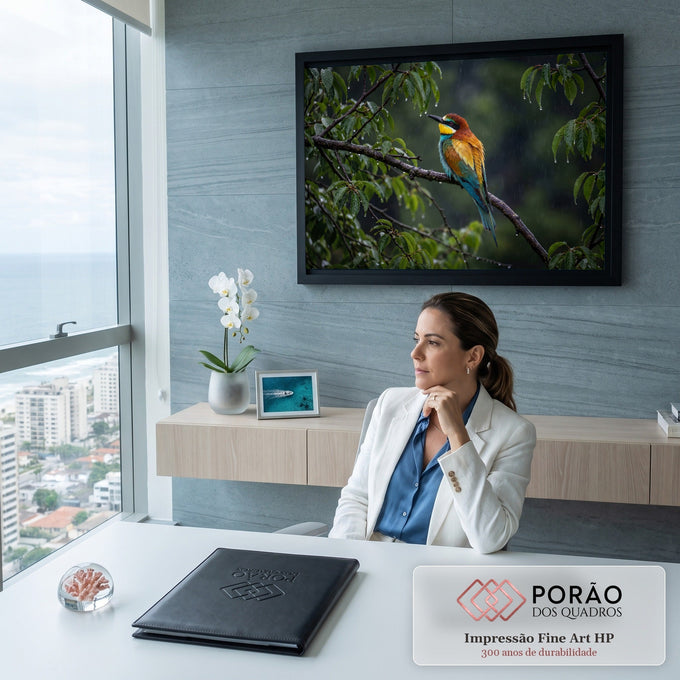 Pássaro abelharuco colorido pousado em galho molhado sob a chuva, entre folhas verdes, quadro decorativo