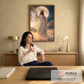 Quadro Decorativo Grande Figura Sagrada para Sala Dourado | quadros decorativos | homem de manto bege diante de lua gigante entre nuvens douradas e céu estrelado | em ambiente 2 | Porao dos Quadros