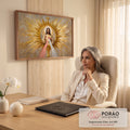 Jesus Misericordioso em ostensório dourado com raios de luz rosa e branca em pintura a óleo, quadro decorativo