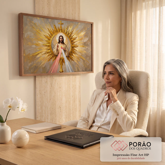 Jesus Misericordioso em ostensório dourado com raios de luz rosa e branca em pintura a óleo, quadro decorativo