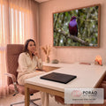 Pássaro exótico vinho com peito roxo pousado em galho com musgo e bromélias na floresta, quadro decorativo