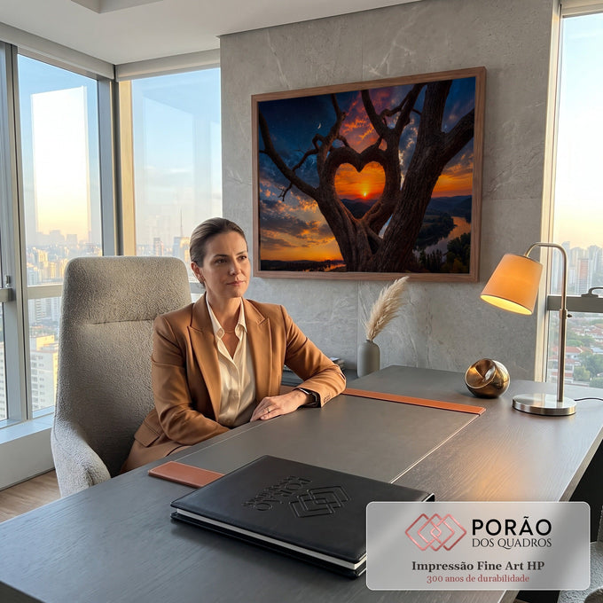 Árvore com galhos em forma de coração emoldurando pôr do sol sobre montanhas e rio, quadro decorativo