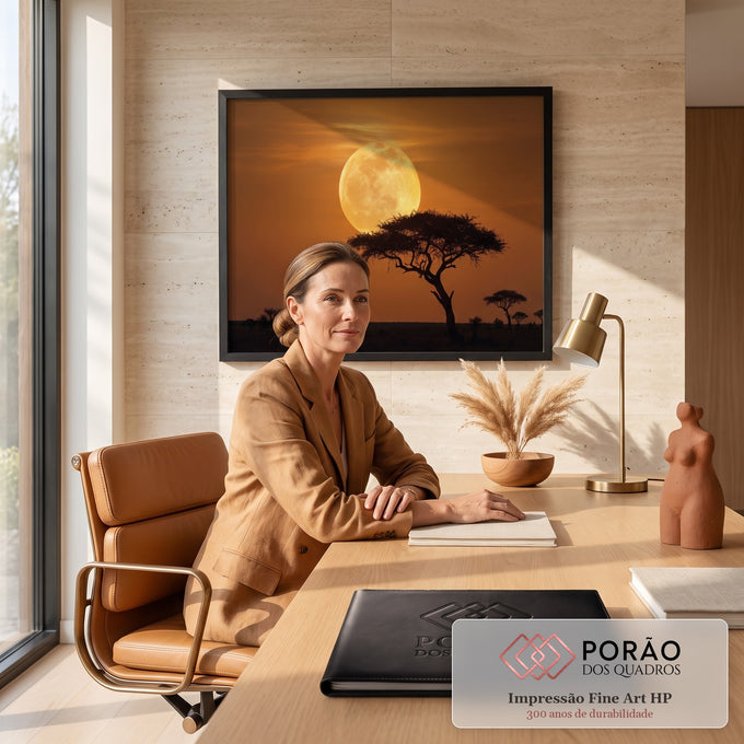 Lua cheia dourada atrás de uma acácia em silhueta na savana africana sob céu laranja, quadro decorativo