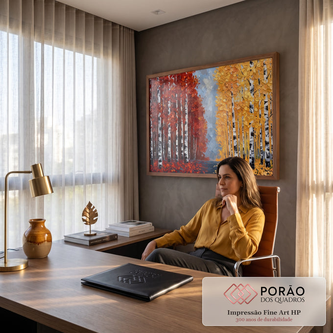 Quadro Decorativo Grande Floresta Bétulas Outono para Sala | quadros decorativos | floresta de bétulas com folhagem vermelha de um lado e dourada do outro | em ambiente 2 | Porao dos Quadros