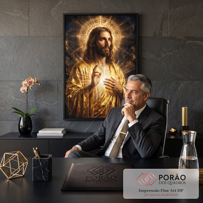 Quadro Decorativo Grande Jesus Cristo Halo Dourado para Sala | quadros decorativos | Jesus Cristo com mãos erguidas emanando luz dourada e halo sagrado | em ambiente 2 | Porao dos Quadros