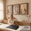 Quadro Decorativo Grande Relevo para Sala Bege | quadros decorativos | painel em relevo bege com natividade, ressurreição de Jesus e última ceia | em ambiente 2 | Porao dos Quadros