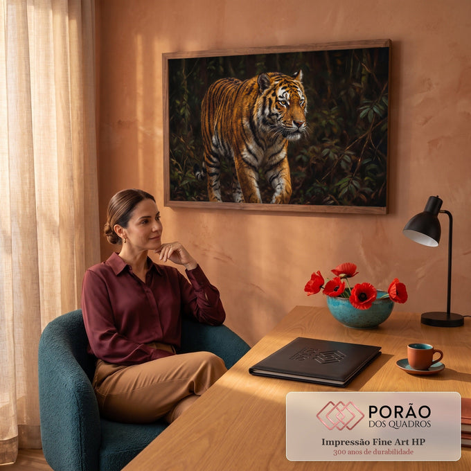 Tigre-de-bengala laranja caminhando entre folhagens escuras em pintura a óleo realista, quadro decorativo