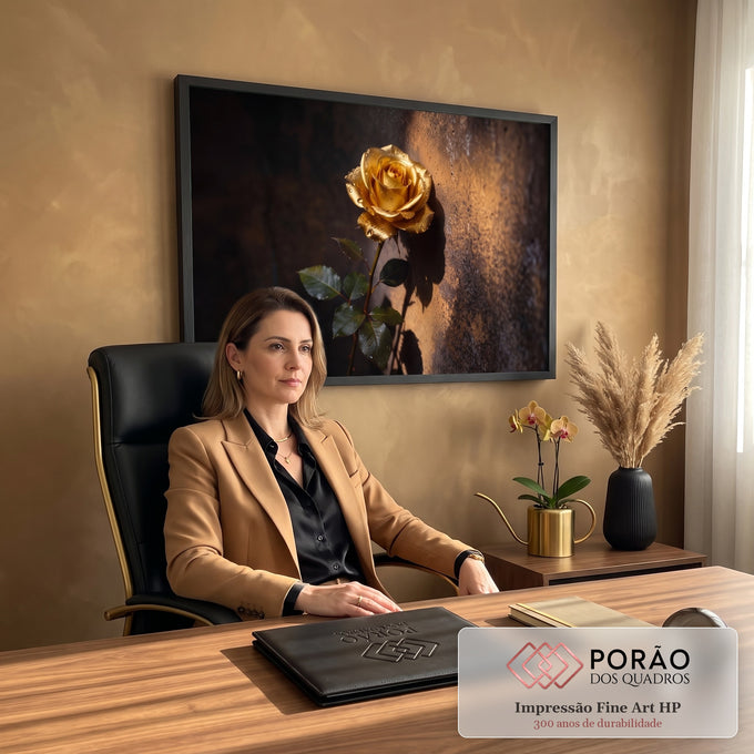 Quadro Decorativo Grande Rosa Dourada para Sala Dourado | quadros decorativos | rosa dourada com gotas de orvalho sobre fundo preto e parede de ferrugem | em ambiente 2 | Porao dos Quadros