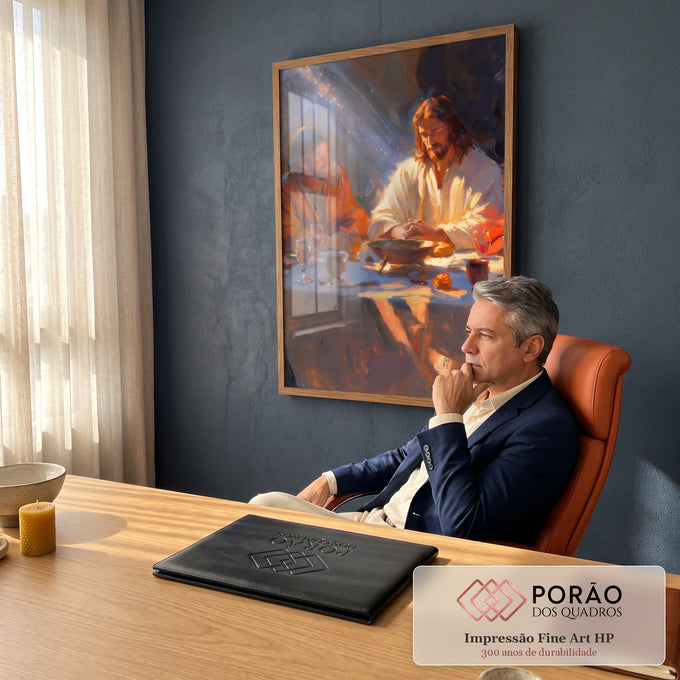 Quadro Decorativo Grande Jesus em Oração para Sala Laranja | quadros decorativos | Jesus de manto branco em oração ao lado de discípulo, luz azul no fundo escuro | em ambiente 2 | Porao dos Quadros