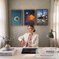 Quadro Decorativo Kit 3 Telas Paisagens com Lua para Sala | quadros decorativos | três cenas de natureza dente-de-leão, lua com nuvem dourada e árvore seca refletida na água | em ambiente 2 | Porao dos Quadros