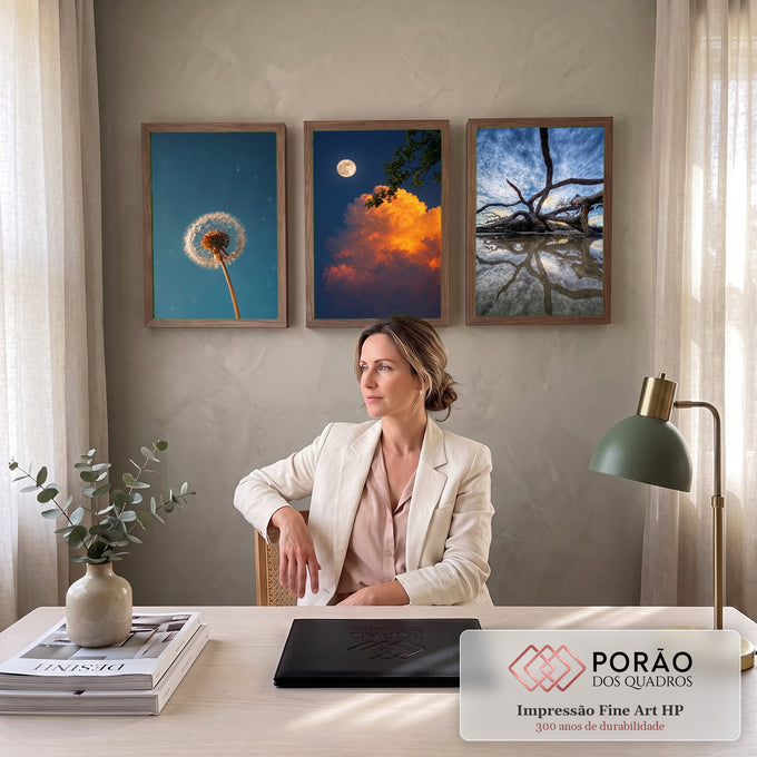 Quadro Decorativo Kit 3 Telas Paisagens com Lua para Sala | quadros decorativos | três cenas de natureza dente-de-leão, lua com nuvem dourada e árvore seca refletida na água | em ambiente 2 | Porao dos Quadros