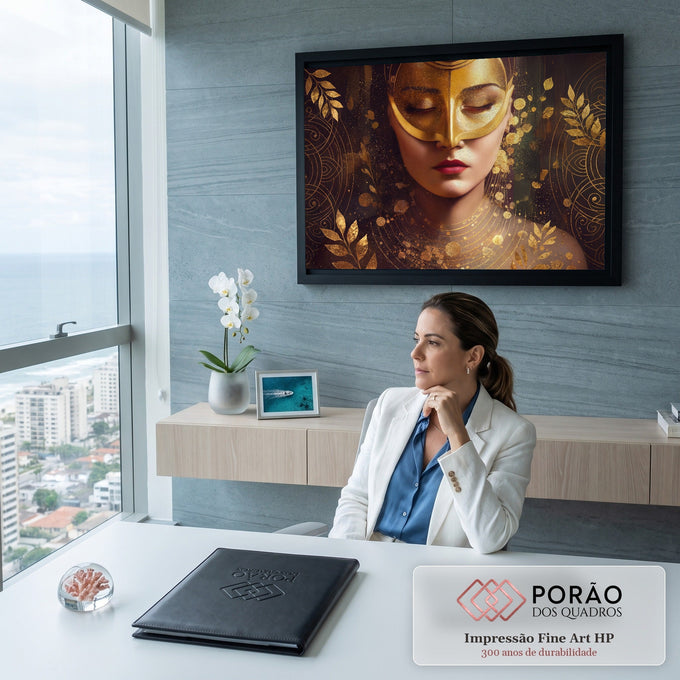Quadro Decorativo Grande Mulher com Máscara para Sala | quadros decorativos | mulher de olhos fechados com máscara dourada e folhas douradas ao fundo escuro | em ambiente 2 | Porao dos Quadros