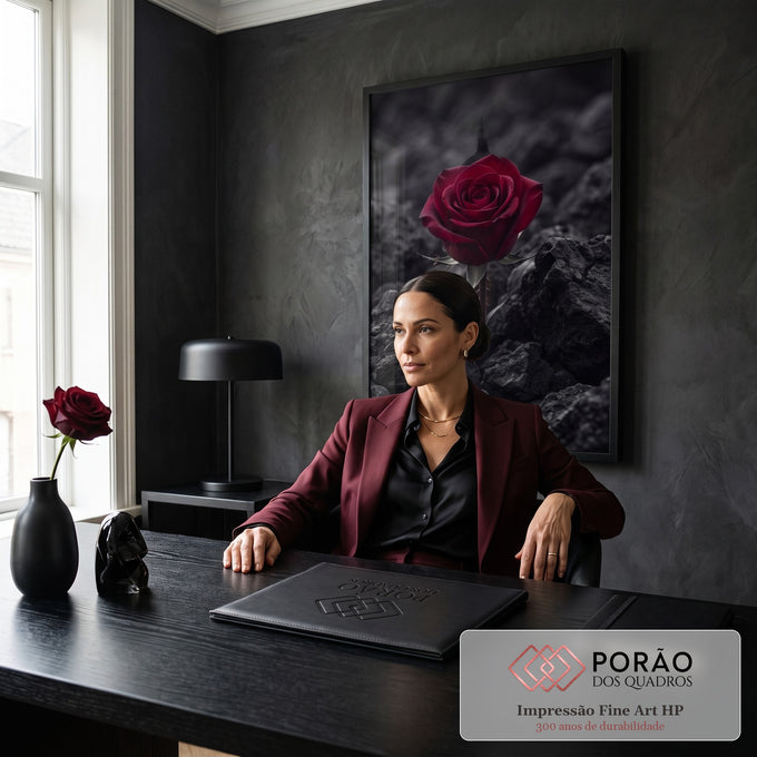 Rosa vermelha solitária entre rochas vulcânicas escuras em fundo preto e cinza, quadro decorativo