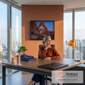 Quadro Decorativo Grande Arco de Pedra para Sala Laranja | quadros decorativos | arco de rocha vermelha emoldurando a lua cheia ao entardecer no deserto | em ambiente 2 | Porao dos Quadros