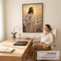 Quadro Decorativo Grande Jesus Cristo para Sala Branco | quadros decorativos | Jesus Cristo de manto branco abençoando diante de sol dourado e nuvens | em ambiente 2 | Porao dos Quadros