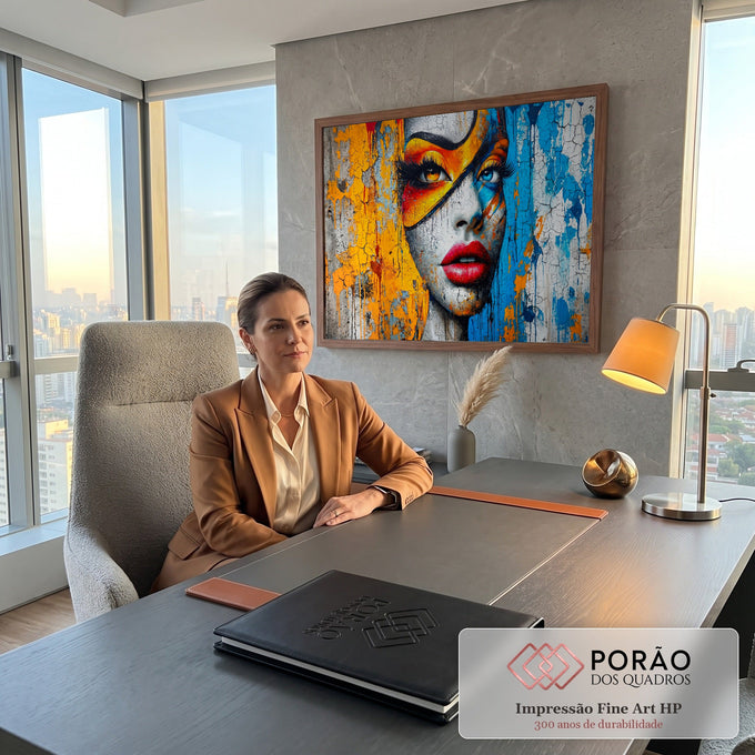 Rosto feminino grafitado, lábios vermelhos, tinta escorrida amarela e azul e textura rachada, quadro decorativo