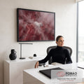 Quadro Decorativo Grande Cavalo Branco para Sala Rosa | quadros decorativos | cavalo branco caminhando sobre rochas vermelhas envolto em névoa rosada | em ambiente 2 | Porao dos Quadros